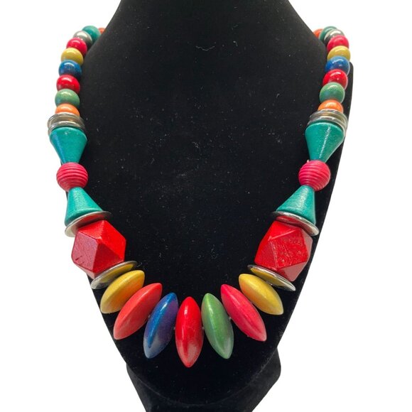 Handcrafted Rainbow Wooden Bead Necklace Geometric Shapes Graduating Beads Boho - Picture 8 of 9